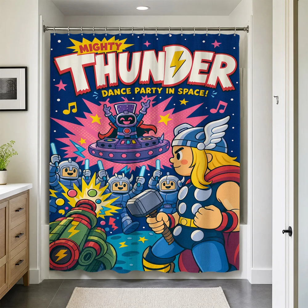 Waterproof Pop Art Space Theme Shower Curtain Retro Comic Superhero Mural Bathroom Decor Funky Novelty Liner Party Display Art V