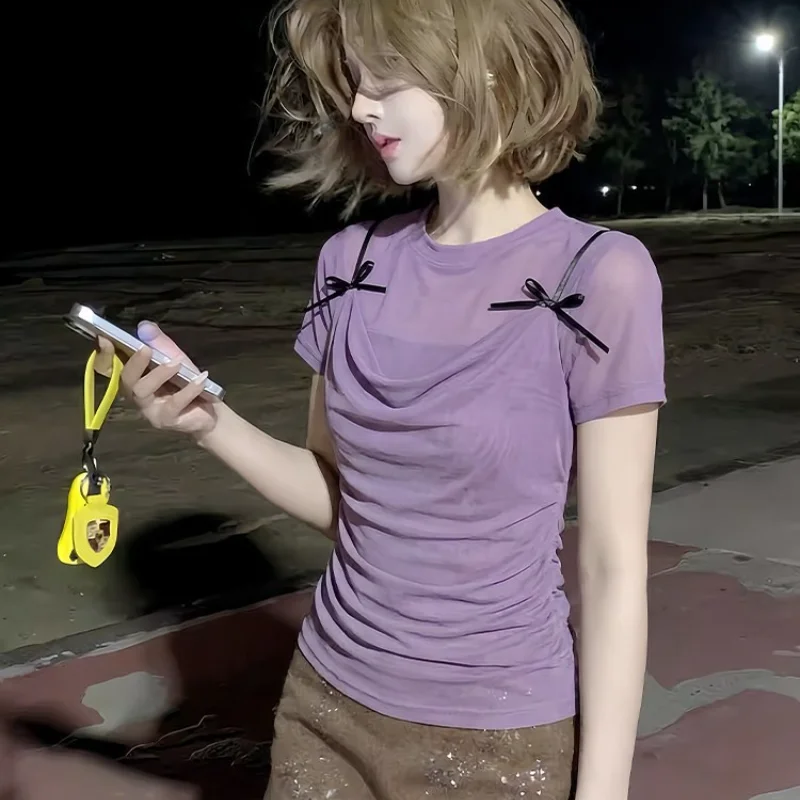 Purple Atmosphere Fake Two-Piece Short Sleeve T-Shirt Women's Summer Korean Style Beautiful  Knot Slimming BM Style Top
