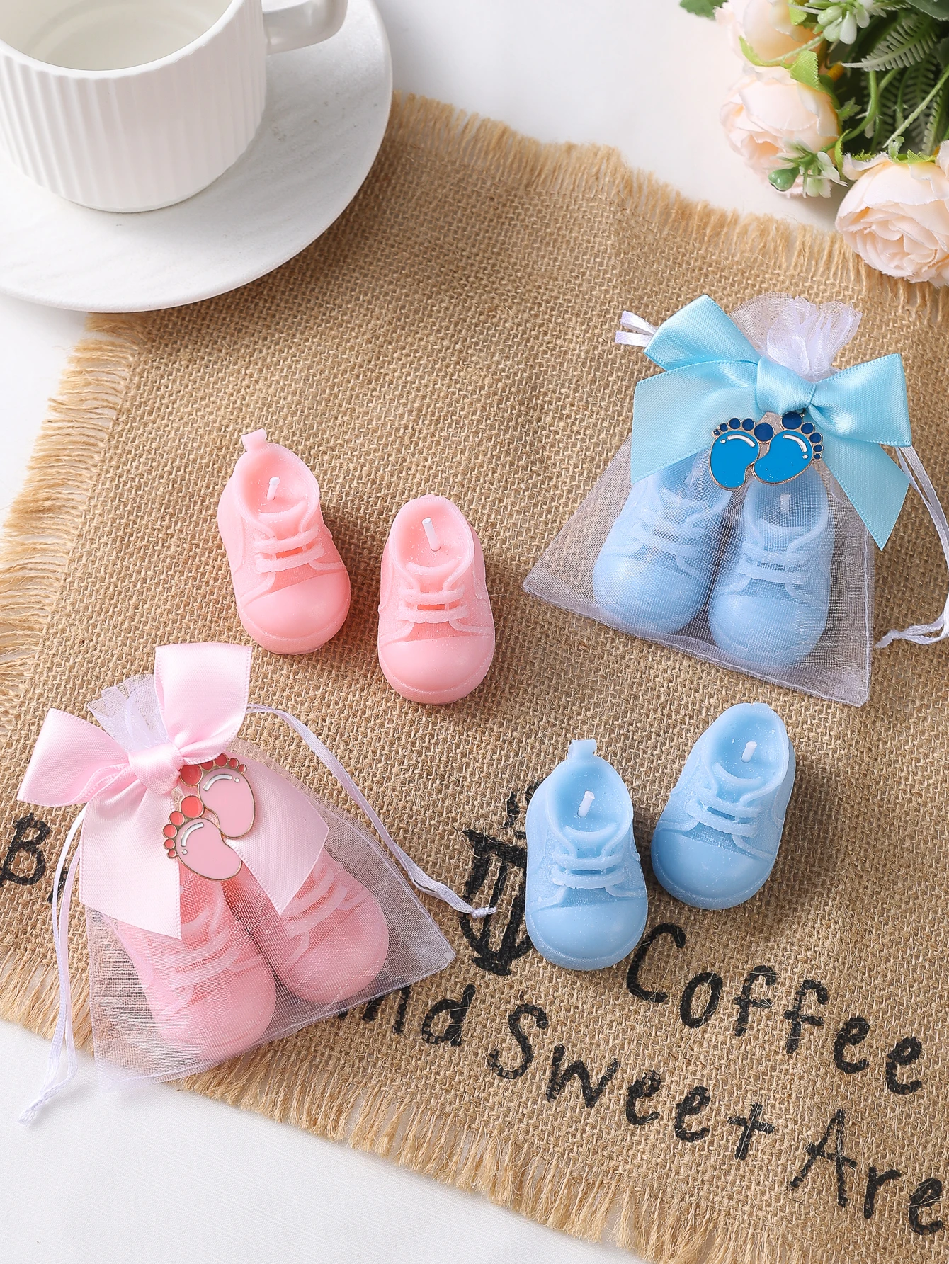 A set Mini Baby Shoe Sneaker Shaped Wax Candles Pink Blue Organza Bag with Bow - Cute Gender Reveal Baby Shower Party Favors
