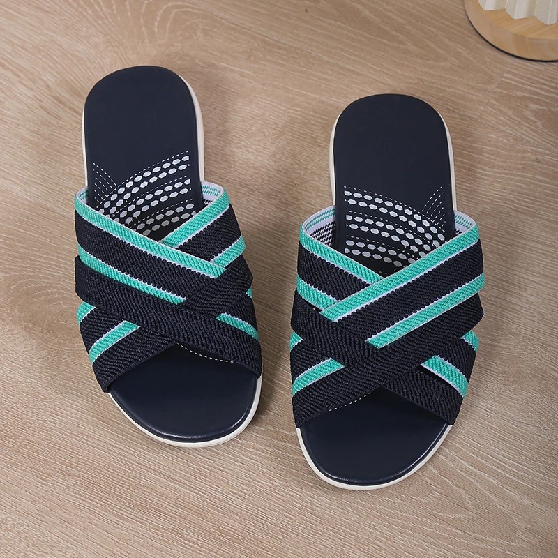 Summer Casual Slippers Mixed Colors Stripe Elastic Band Lightweight Wedges Casual Slippers Women Soft Thick Sole Casual Slippers