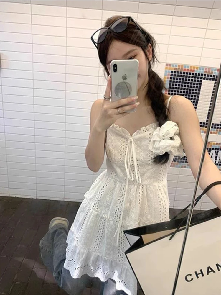 Coréen Sle A-Line Dr Lace Trim ter Ne Dr Minceur Polyvalent Blanc Brodé Imprimé Floral Maxi Dr