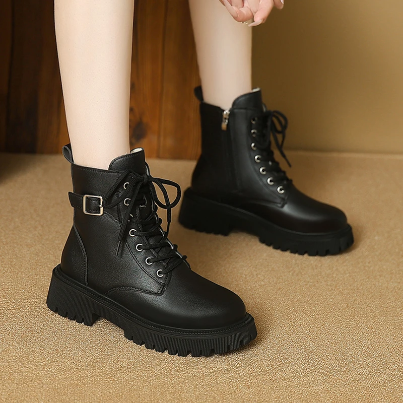 Leather boots women's new autumn and winter boots thick-soled heightening British style short boots are popular this year