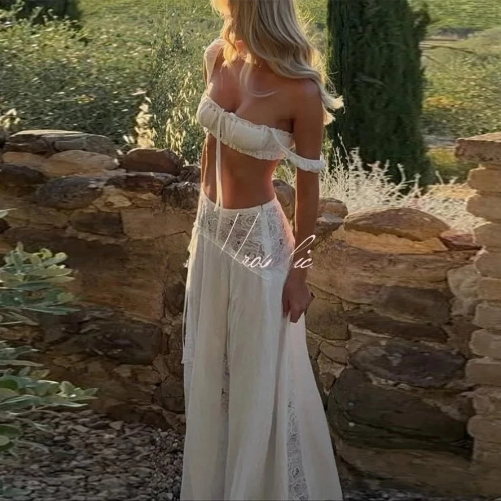 Oligai Holiday Beachwear Boho 2 Piece Outfits Y2k Vintage Lace Square Neck Tie Up Ruched Crop Tank Top + Maxi Skirt Set view 2