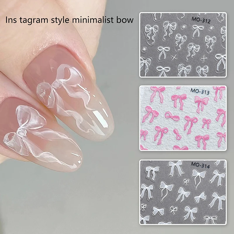 1 Sheet White Ribbon Bowknot 3D Embossed Relief Nail Art Decoration Sticker Manicure Tool Decals