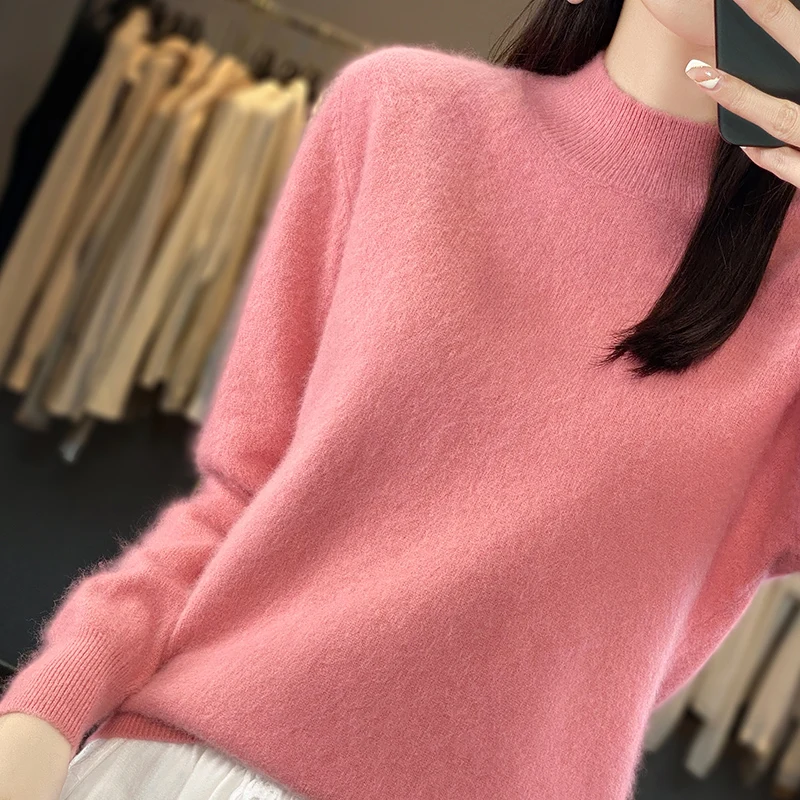 Women\'s Loose Half Turtleneck Pullover, 100% Mink Cashmere Sweater for Women\'s, Simple Soft Tops, Basic Style, Spring and Autumn