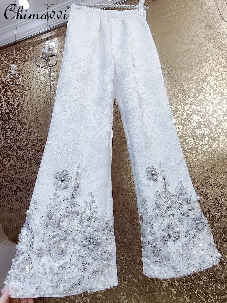 Luxury Heavy Embroidery Sequins Beaded Chinese Style Fairy Trousers Autumn New Fashion 3D Carved Flower Horn Long Pants Women