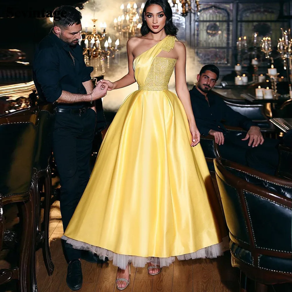 Ankle-Length One Shoulder Formal Evening Gowns Yellow Satin Tulle Midi Prom Dresses Saudi Arabia Princess Women Party Dress