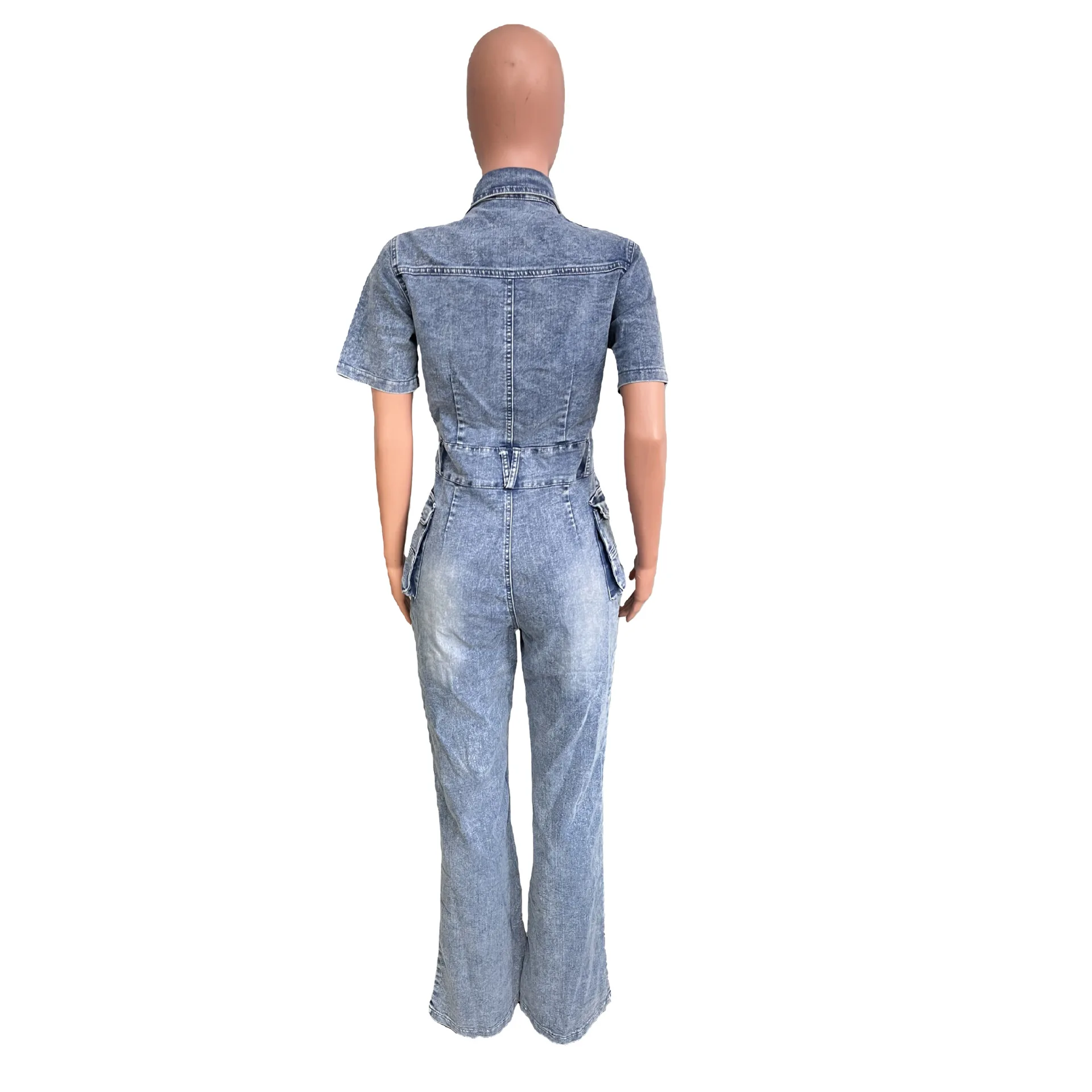 Women Jumpsuit Fashion Pocket Short Sleeve Tight Waist Denim Jumpsuits Lady Slim Fit Stretch Washed Flare Leg Jeans Jumpsuits