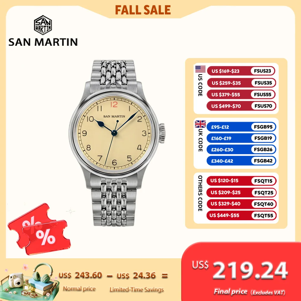 San Martin 38.5mm Wristwatch Simple Pilot Automatic Mens Watch NH35 Luminous Reloj 10Bar Sapphire Military Field SN0105NB-1