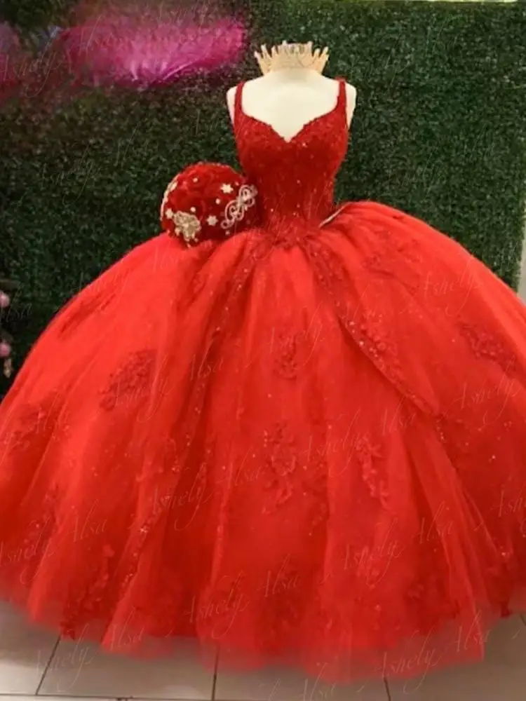 Vestido De fiesta De cumpleaños para mujer, elegante con traje rojo Apliques De encaje, escote en V, longitud hasta el suelo, quinceañera, 2024