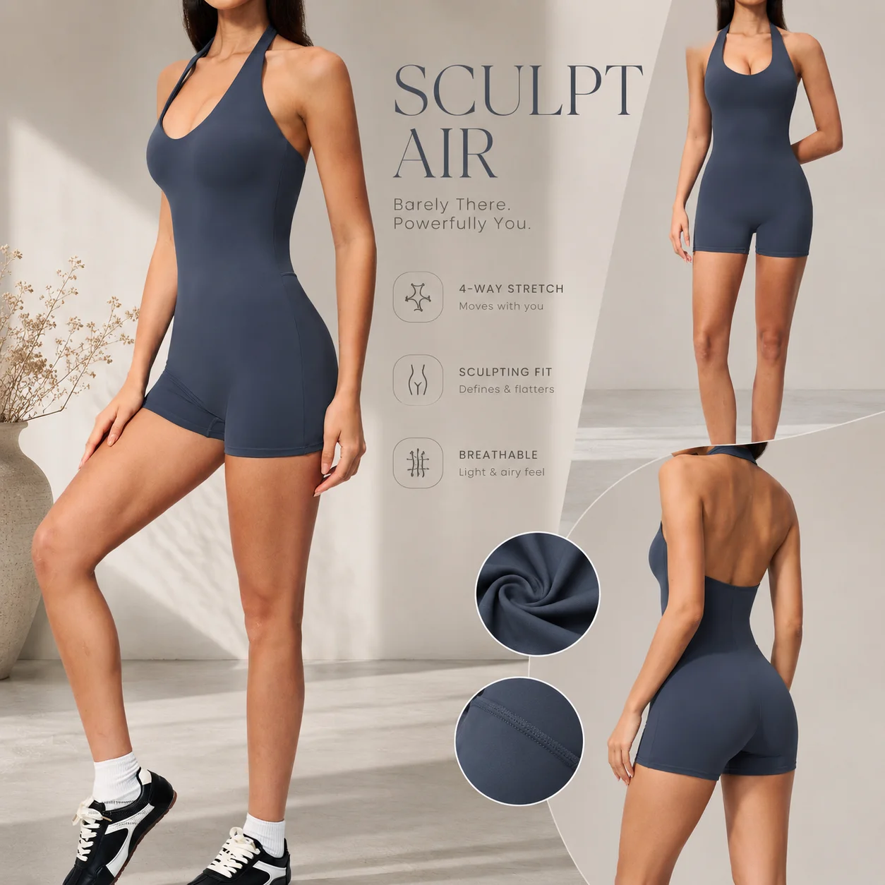 Luxury Women's V-Neck Backless Halter One-Piece Bodysuit, Sculpting Figure-Enhancing Shorts Jumpsuit, Premium Yoga