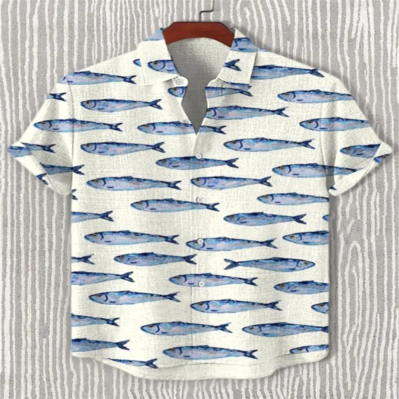 Men's casual short-sleeved ocean-print shirt, button-down collar shirt, loose-fitting top, men's casual Hawaiian shirt