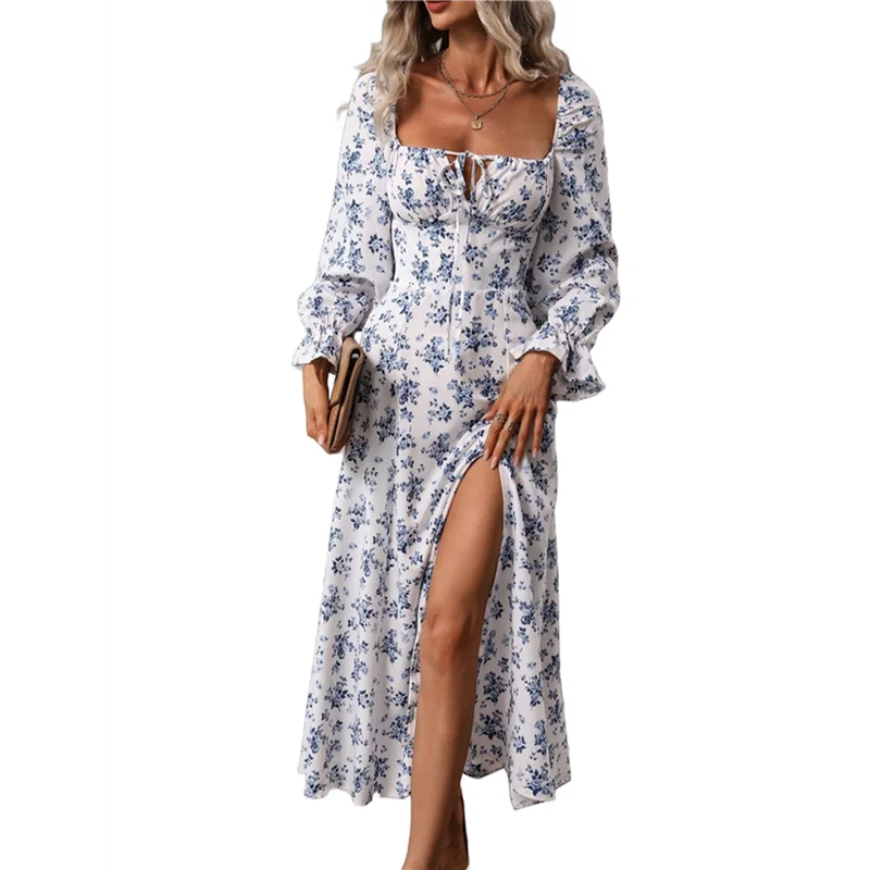 ASDS-Womens Casual Square Neck Long Sleeve Boho Floral Midi Dress Print Side Split Dresses