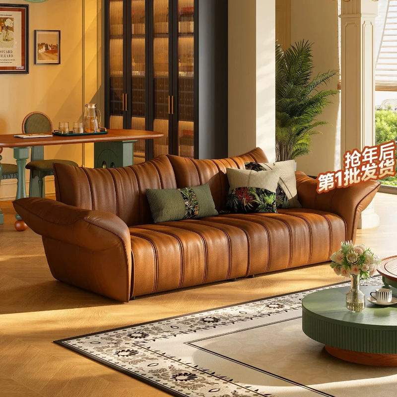 French retro leather sofa living room small apartment straight sofa