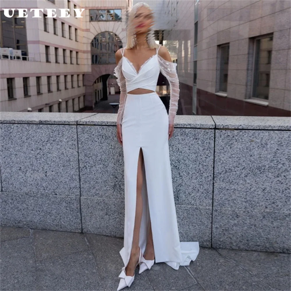 

UETEEY Customized V Neck Off Shoulder Crepe Sheath Wedding Dress Women Open Back Cut Out Pleats High Slit Floor Bridal Gown