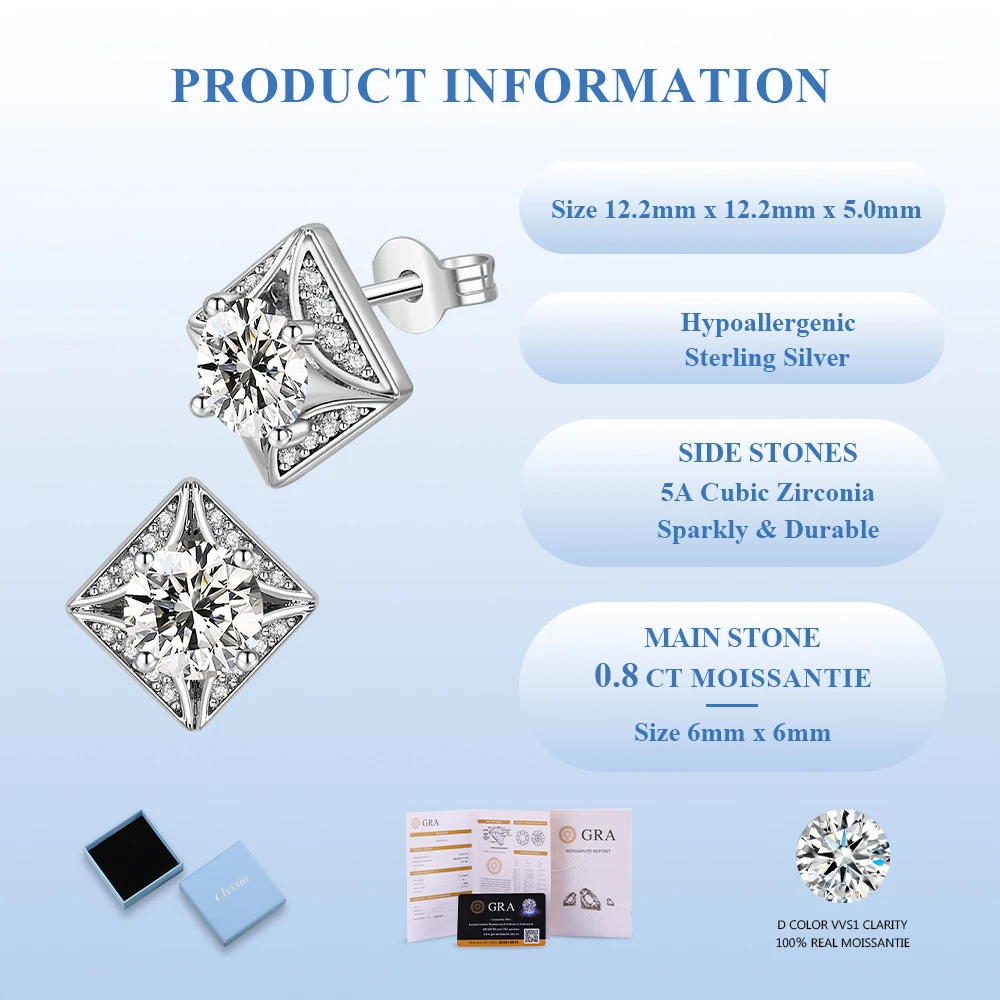 D VVS1 Moissanite Women 925 Sterling Silver Square Stud Earrings 18k White Gold Plated with GRA Certified Elegant Gift