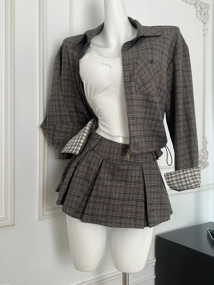 Autumn Winter Women 2000s Aesthetic Plaid Old Money Suit Preppy Outfits 2 Piece Set Vintage Shirts Jacket + Mini Pleated Skirt