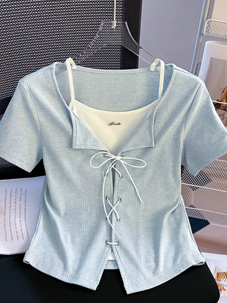 

Дизайнерская футболка с эффектом двухслойности, женская, приталенная, в корейском стиле, для повседневной носки, модный топ Pure Desire