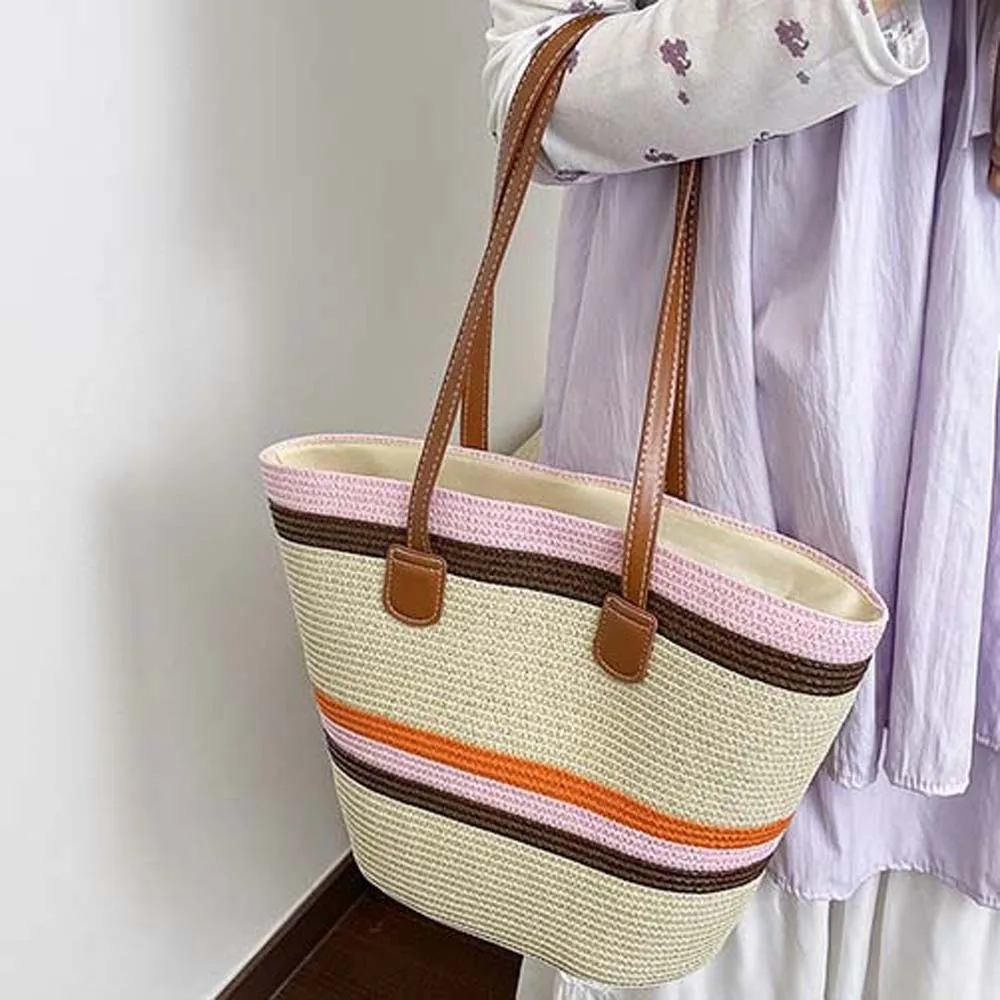 

Large Capacity Stripe Woven Tote Bag Polyester Lightweight Shopping Straw Bag Leather Underarm Pouch Summer Beach Handbag Daily
