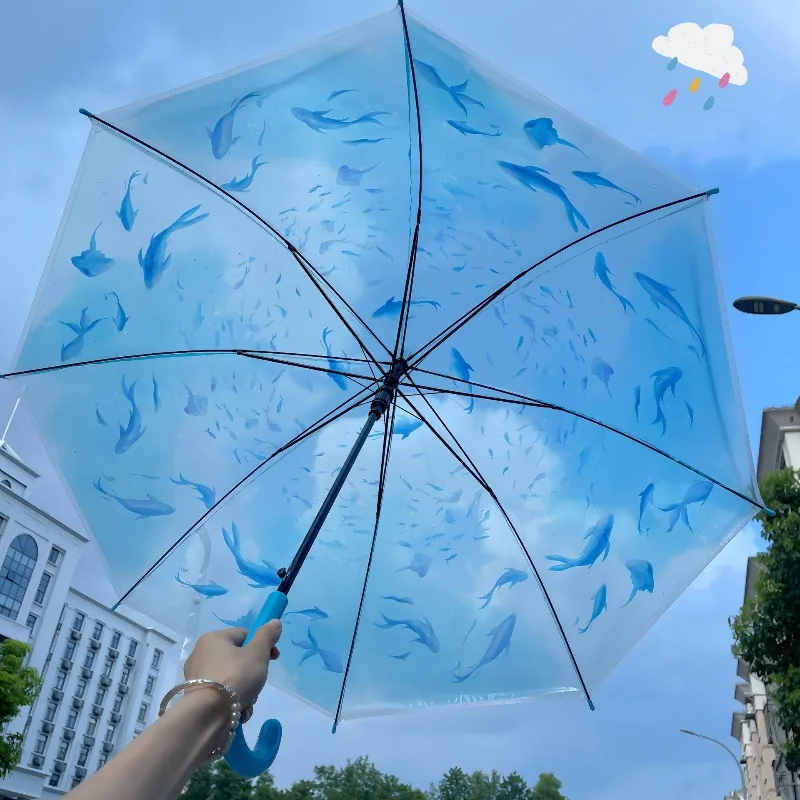 Clear Jellyfish Umbrella, Long Handle Foldable Transparent Rain Gear, Ocean World Photography Atmosphere Prop for Ladies