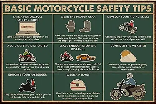 Panneau métallique décoratif sur le thème de la moto : Conseils de sécurité essentiels pour motards, idéal pour garage, club, maison, chambre