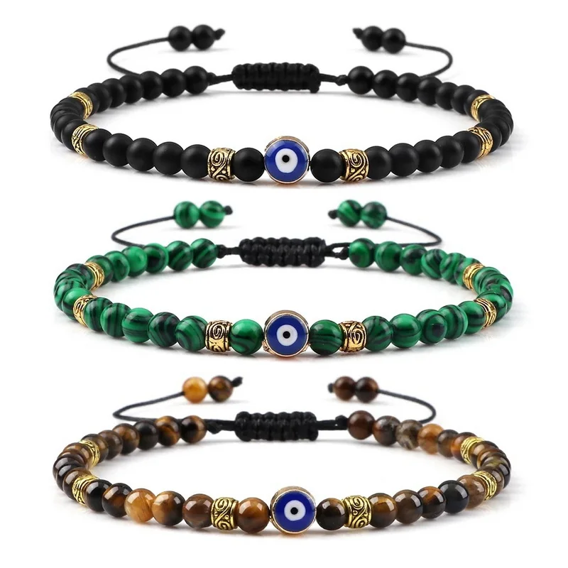 Czarna kamień lawowy bransoletka Evil Eye dla mężczyzn damska pleciona regulowana koraliki w kolorze Tiger Eye bransoletka Yogo moda biżuteria