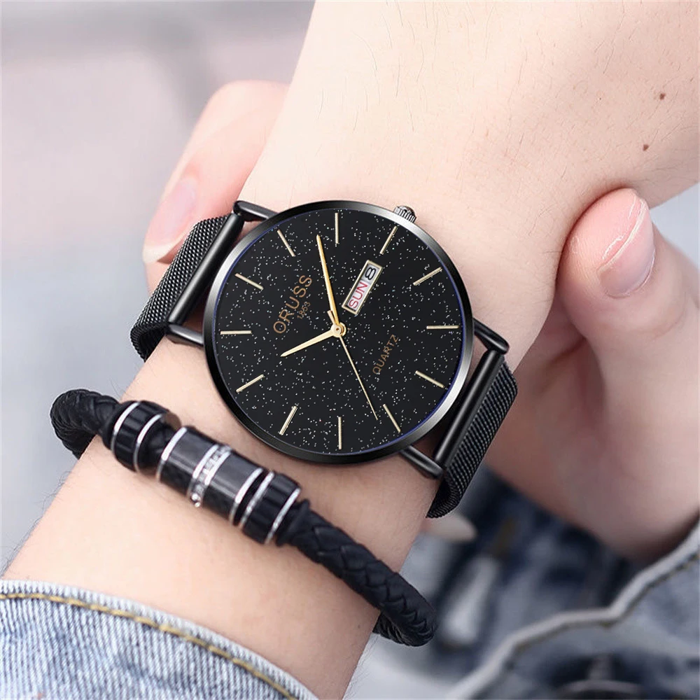 남성용 스타 표면 더블 캘린더 시계, 분위기 등급, 모든 고급 메쉬, 심플 패션