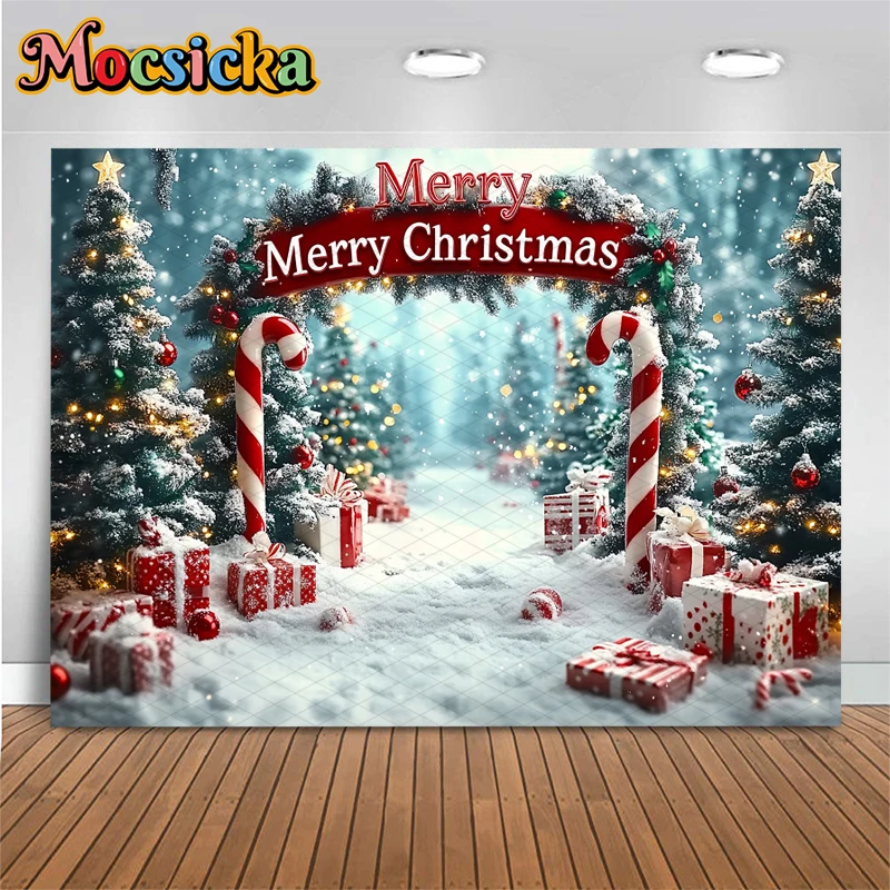Mocsicka عيد ميلاد سعيد خلفية التصوير الفوتوغرافي اطلاق النار الدعائم شجرة عيد الميلاد غابة الثلج الهدايا زينة الأطفال الخلفيات راية