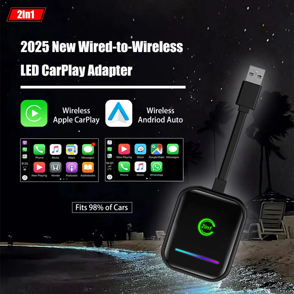 2025 New Mini Led CarPlay Box Wireless Android Auto & Wireless Apple CarPlay Adapter Plug & Play Auto Connect Fits 98% of Cars