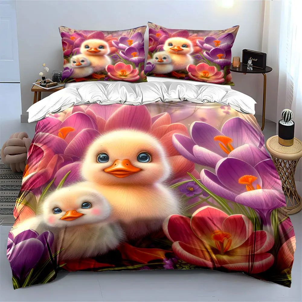 Duckling with Spring Flowers Print Soft Comfortable Duvet Cover Bedding Set Included 1*Duvet Cover  2*Pillowcases Luxury Gif