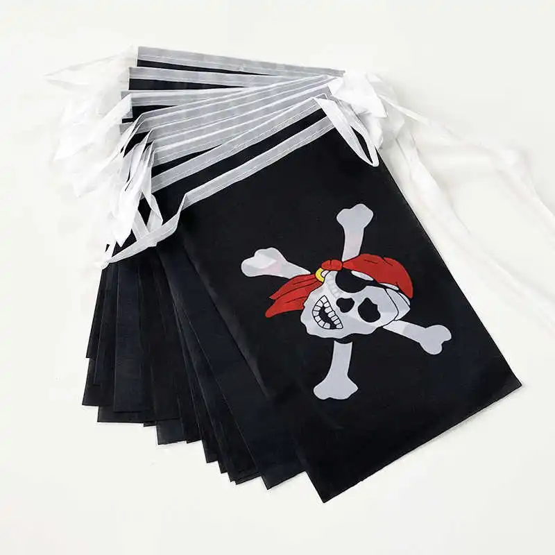 20PCS Custom Skull Pirate Flag Mini Blackjack Jolly Roger Small 14x21cm Polyester 5M Decorative Hang String Black Flags Banners