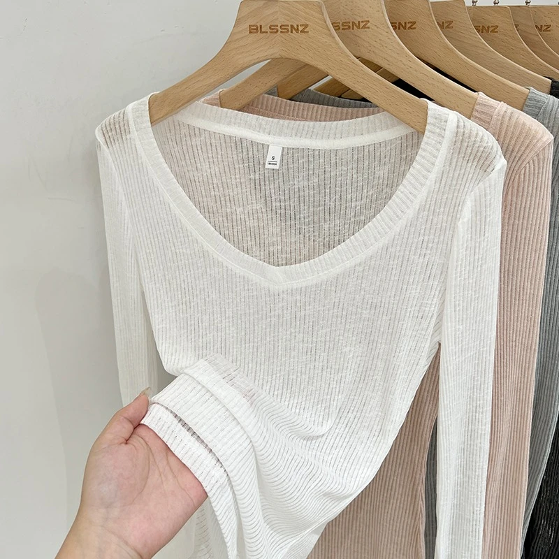 Zjaiss Damen T-Shirt mit V-Ausschnitt, Sonnenschutz, Langarm, Sommer 2026, Neuer Lazy-Style, Transparentes, Dünnes, Durchsichtiges Überwurf-Top