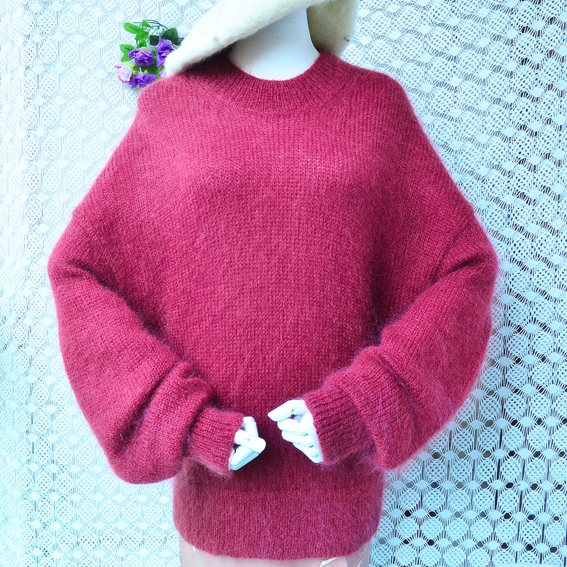 

Women Mujer Spring Autumn Clothing Hairy Soft Plush Mohair Wool Knitted O-Neck Long Batwing Sleeves Lazy Oaf Jumper Sweater Pull