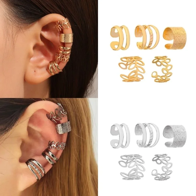 5pcs/set C-shaped Metal Clip on Earrings Set Multi-layer Hollow Leaf Fun Earrings for Women Accessories Fashion 2023 Jewelry