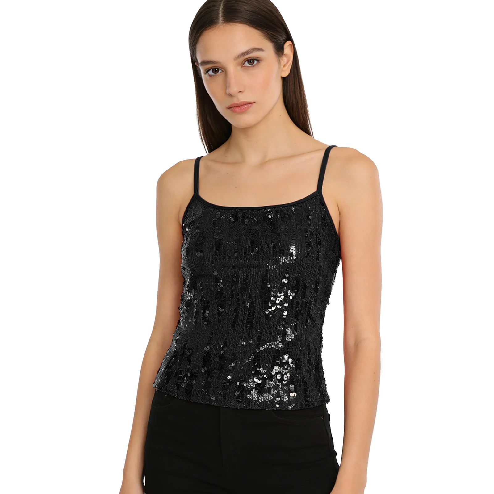 

Womens Glittery Camisole Allover Sequin Adjustable Spaghetti Straps Crop Tank Top Stylish Vest for Club Casual Shopping Beach