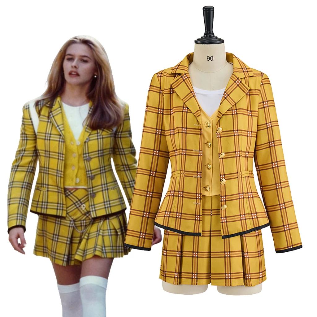 Película Clueless Cher Horowitz Cosplay uniforme a cuadros amarillo chaqueta chaleco faldas conjunto Halloween Navidad carnaval fiesta trajes
