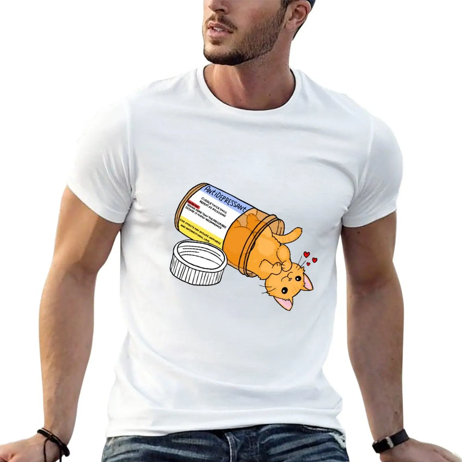 New Orange kitty antidepressant love medicine T-Shirt Short sleeve cute clothes men clothing