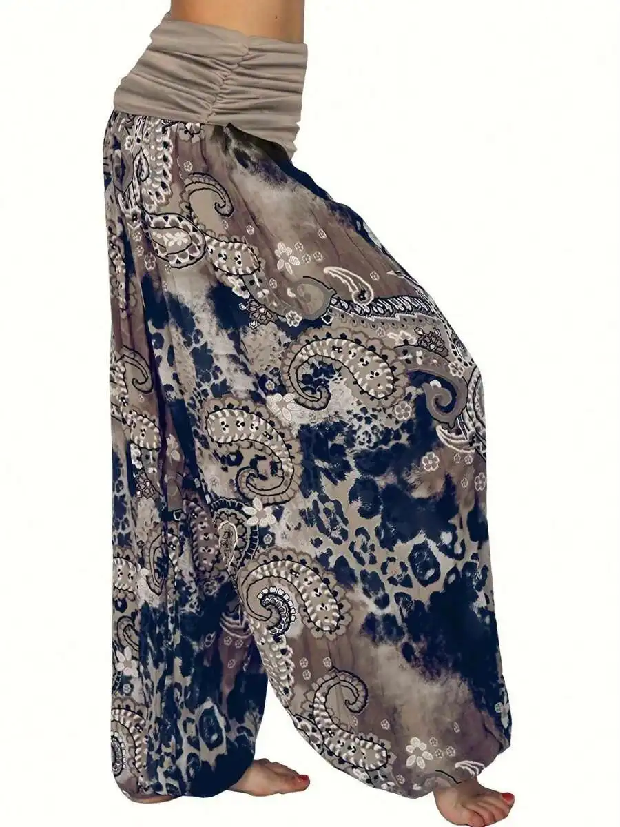 

Mid-Waist Flowy Harem Trousers With Boho Paisley And Abstract Print For Women