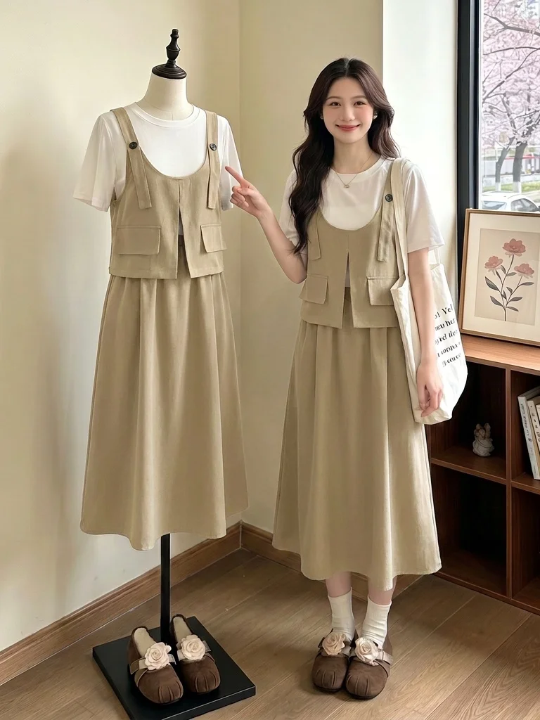 

plus Size Women's Summer Fashion Set Slimming Short Sleeve Vest And Skirt Ensemble Money-Saving Style Casual Wear Commute Ready