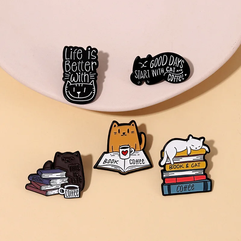 Creative Coffee and Book Cat Enamel Pins for Backpack Bag Accessories Gifts for Friends