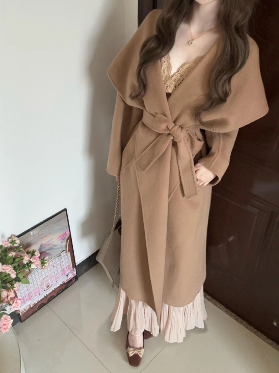 

Retro High Faion Belted Slim Fit Woolen Coat Sli Waist-Cinching Trendy Outerwear Korean Sle Long Sve Women's Coat