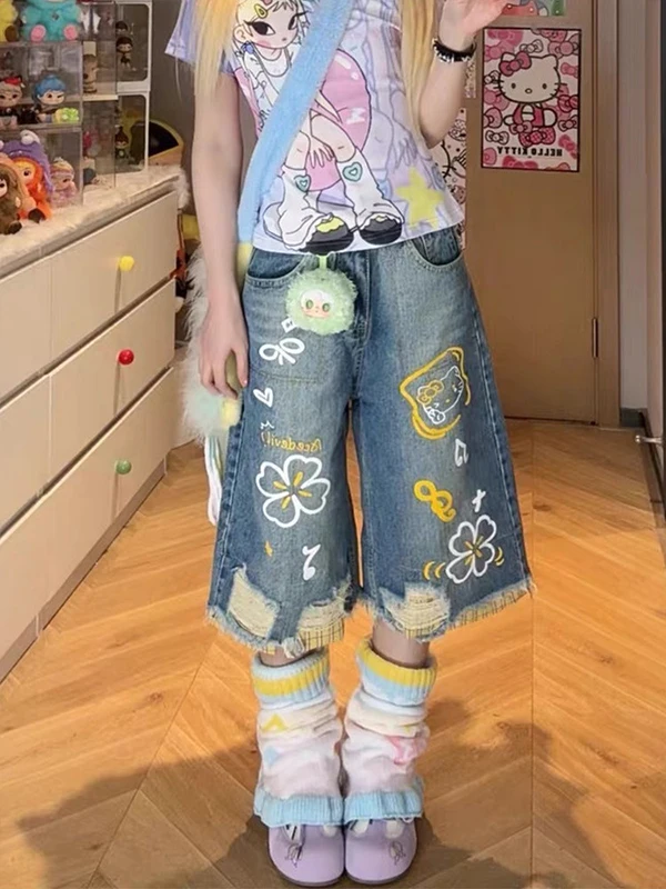 Retro American Cartoon Graffiti Hole Print Jeans Shorts Women's Summer New Casual Short Pants High Waist Wide Leg Jeans