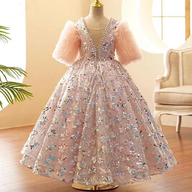 

Bling Sequined Lace Kids Flower Girl Dresses Princess V Neck Tulle Applique Puffy Floral Party Pageant Gown First Communion