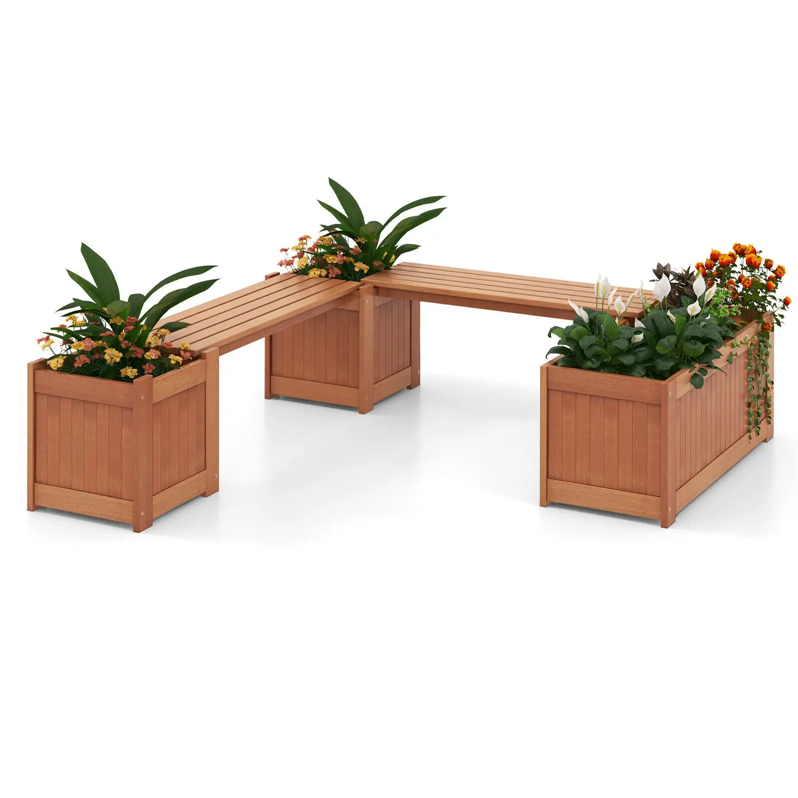 

Hardwood Wooden Planter Box w/ Seat 2-in-1 Raised Garden Bed & Bench Outdoor