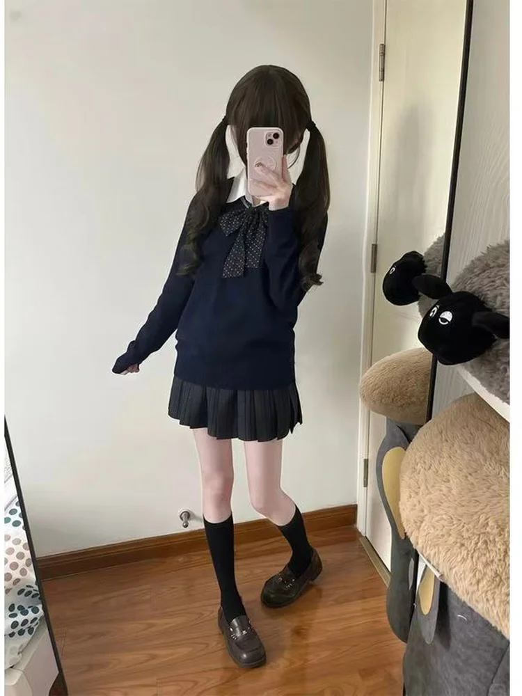 

Original JK orm Knitted Sweater Long Sve Autumn Winter School orm Set with Plaid Skirt Casual Faion Women's...