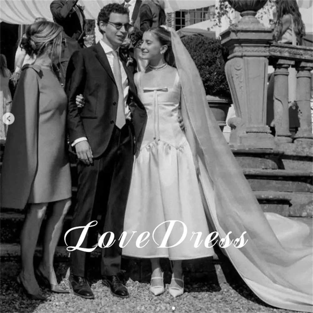 Love Princess Vestido de casamento com arco, cintas de espaguete, mancha rosa, elegante plissado, linha A, colarinho quadrado, comprimento do tornozelo, vestidos de noiva