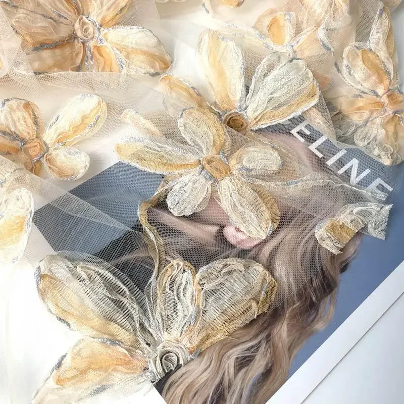 Rural Style Orange Three-dimensional Plate Flower Mesh High-end Heavy Industry Dress Fabric  Lace Embroidery Fabric