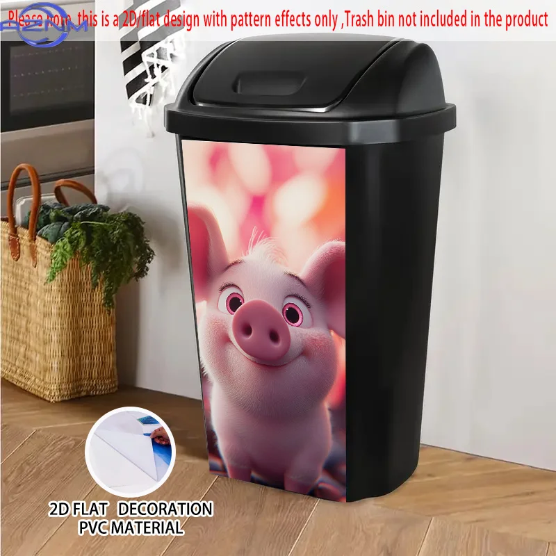 2D/FLAT, Self-Adhesive Smiling Pig Dustbin Sticker, * inch, features a pink piglet with heartwarming smile, suitable