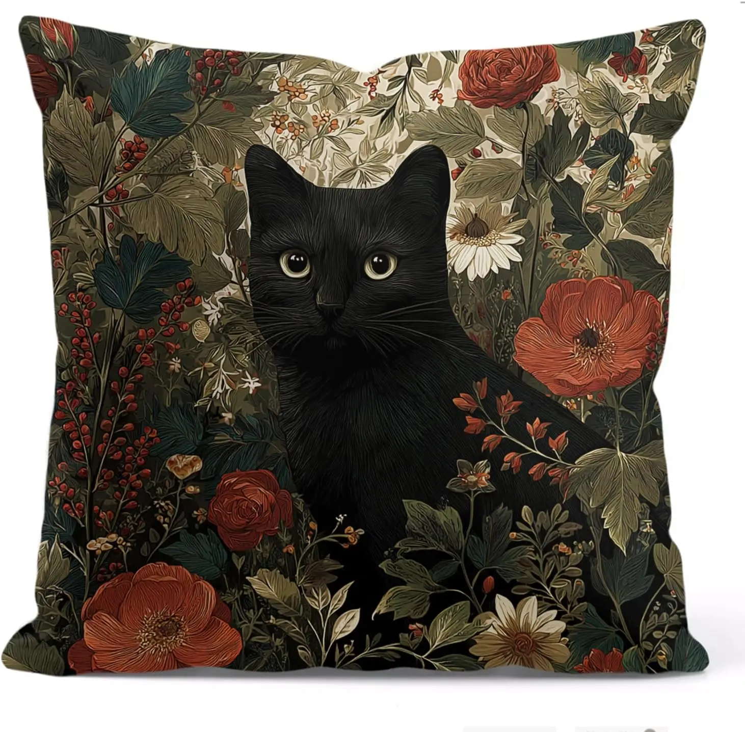 1pcsWilliam Morris Abstract Art Floral Design Throw Pillow Cover Home Decor, Vintage Black Cat Lovers Pillowcase Cover for Bed