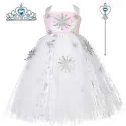 Sequins Girls Elsa Dress Tulle Princess Tutu Dress Snowflake Snow Queen Costumes for Baby Kids Halloween Carnival Party Dress Up